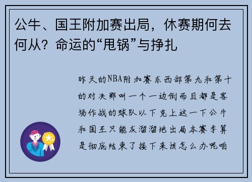 公牛、国王附加赛出局，休赛期何去何从？命运的“甩锅”与挣扎